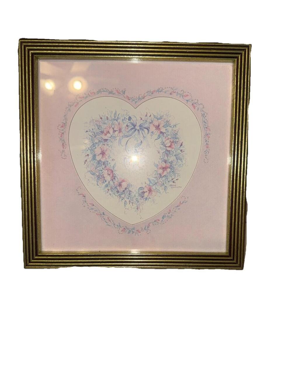 Vintage Home Interiors Floral Heart Picture Gold Toned Frame Cottagecore Decor